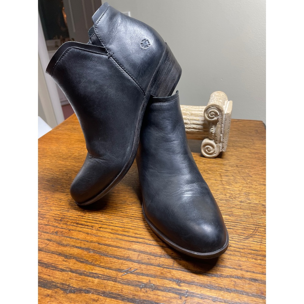 Lucky Brand Bittany Black Leather Ankle Boots Womens 7M Zip Block Heel Bootie